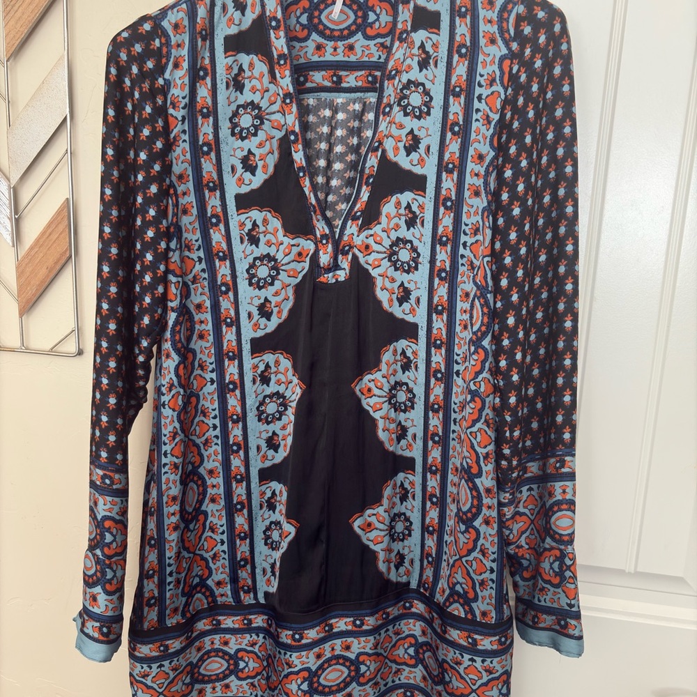 Free People Blue and Orange Long Sleeve Mini Dress/Tunic, Size M.